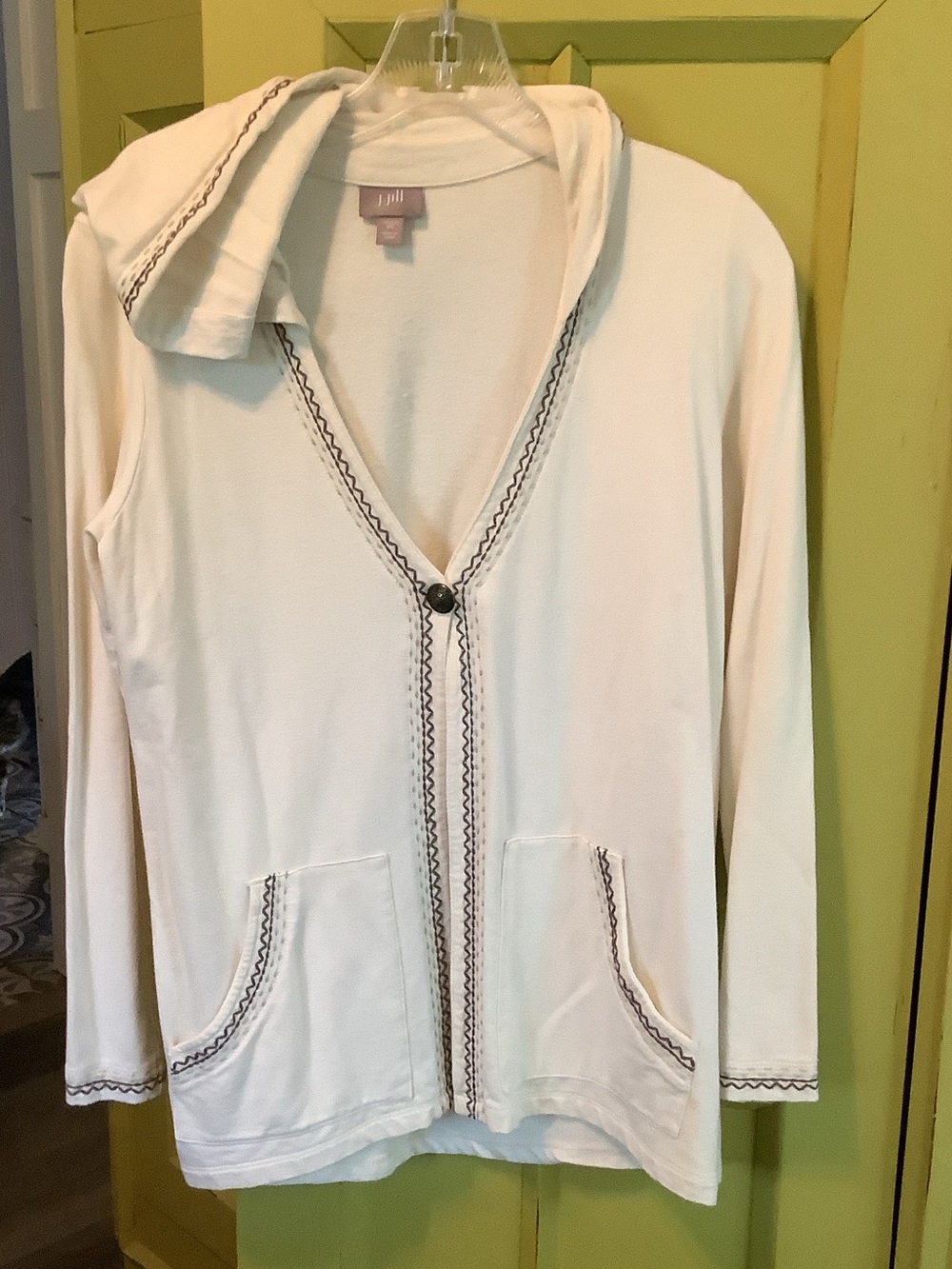 J. Jill Cream Hooded Cardigan with Dark Contrast Trim